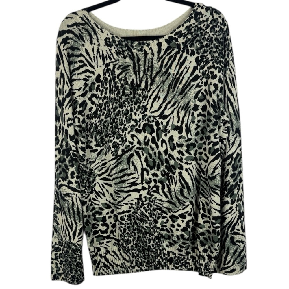 Jones New York Black Cream Animal Print Black Beading Long Sleeve XL Sweatshirt
